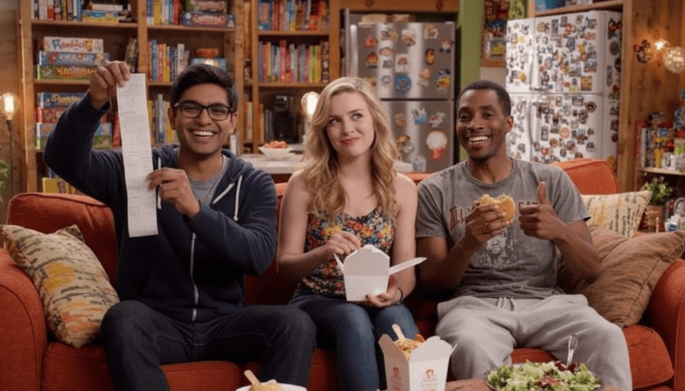 Three friends seated on a sofa, one holding up a long receipt after dinner