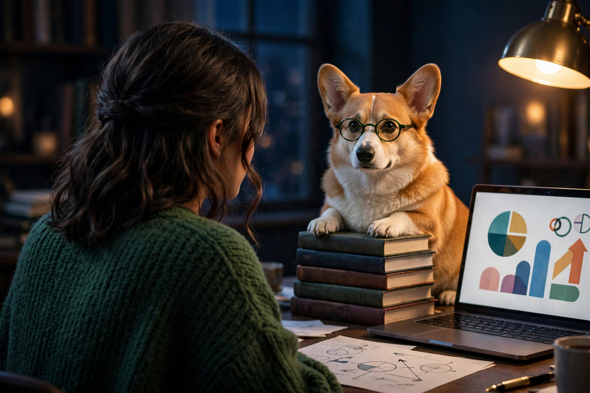 An entrepreneur and a corgi review business growth charts late at night