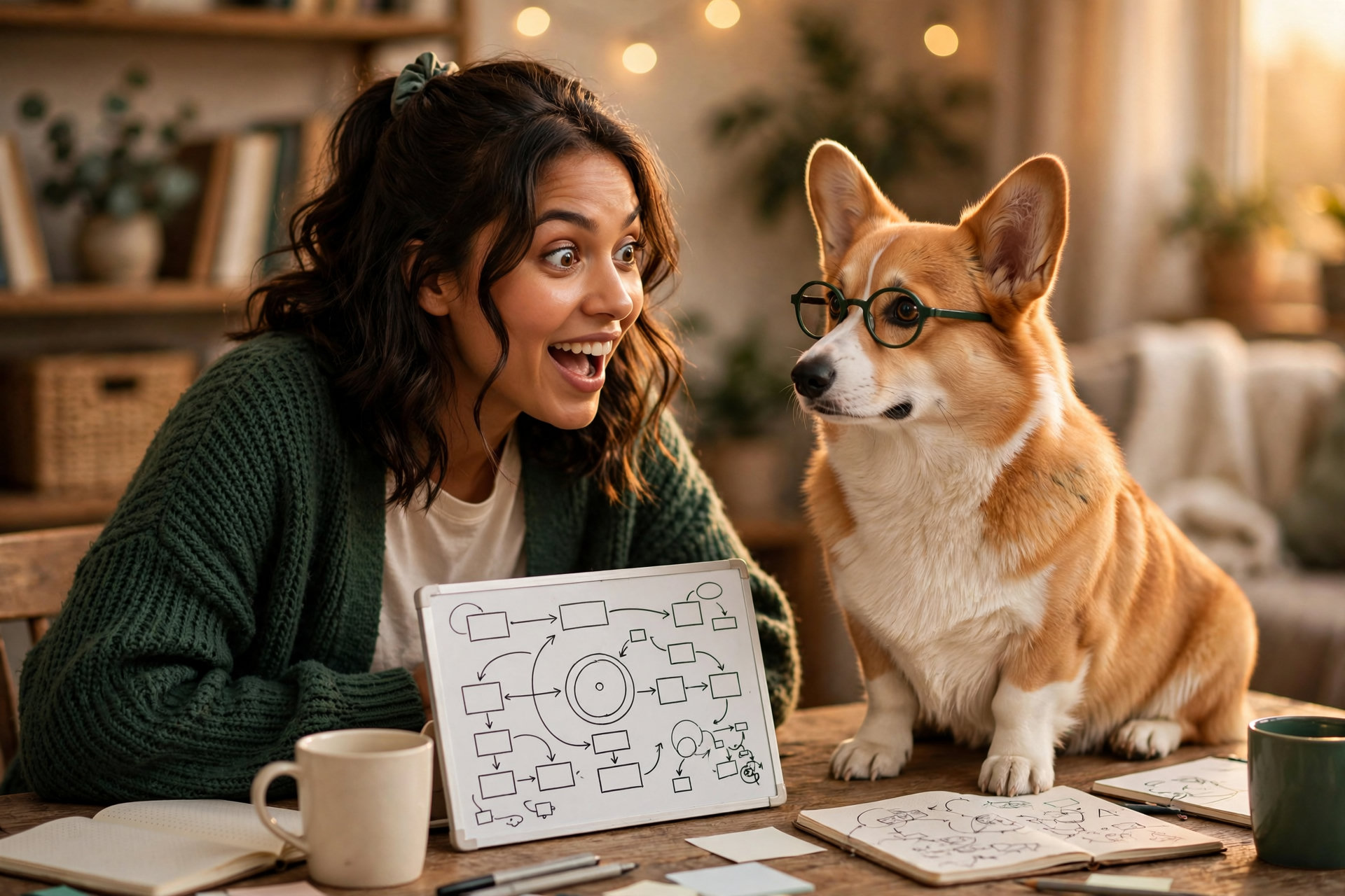 An entrepreneur studies an AI automation workflow with a corgi wearing glasses