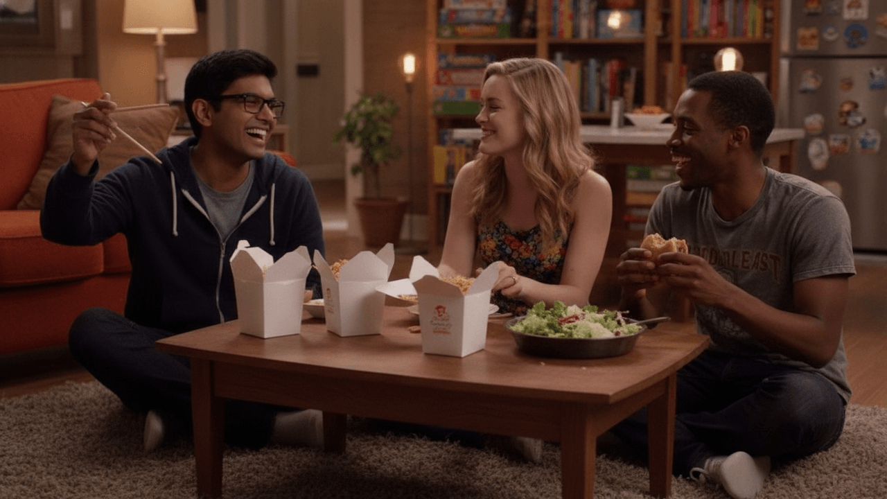 Three friends sharing takeout around a coffee table in a warm living room