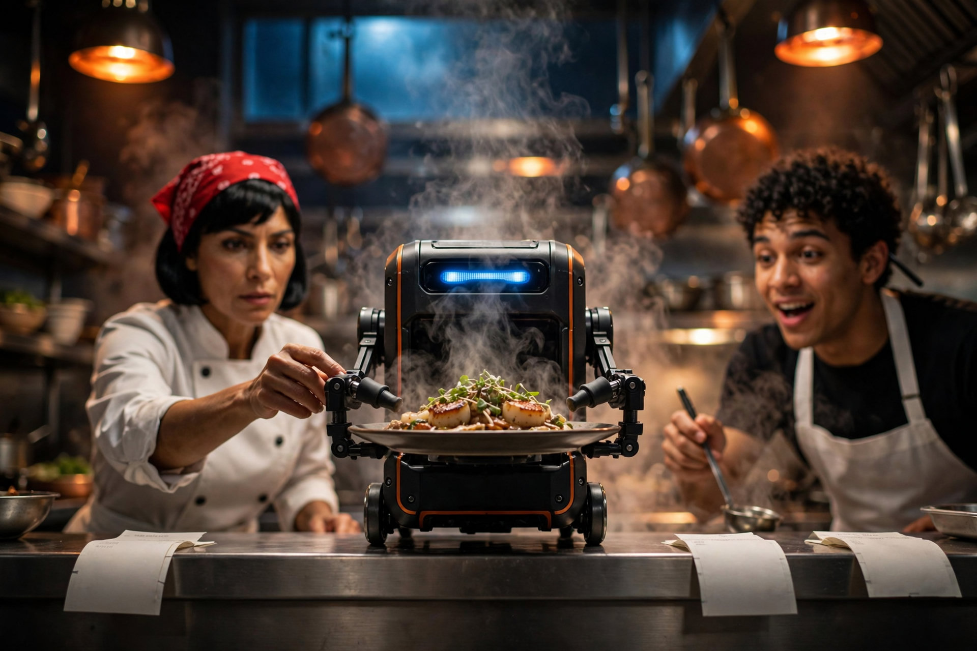 A chef and her assistant watch a kitchen robot reveal a steaming plate
