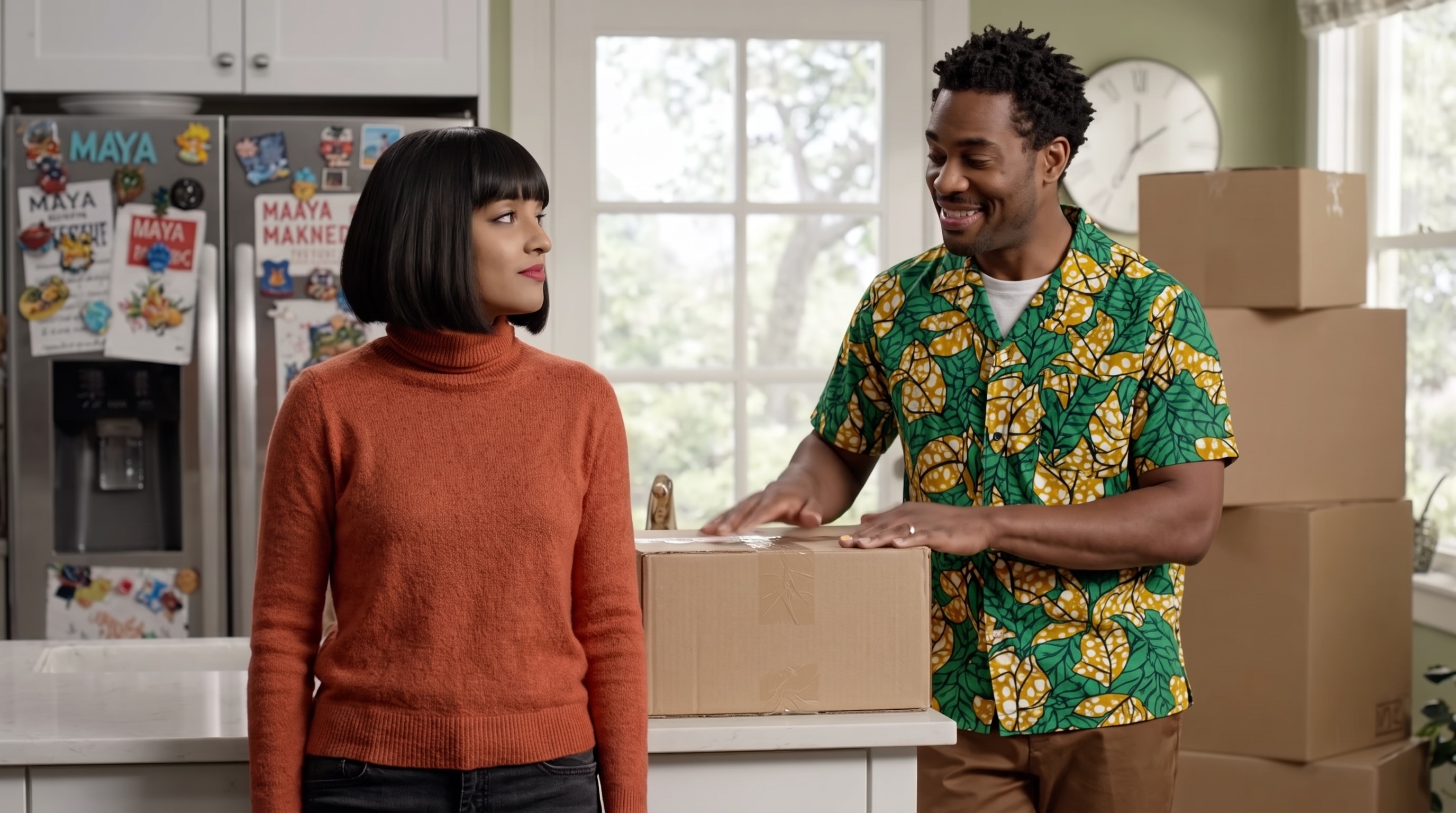 Maya and Theo standing together beside packed boxes in their kitchen