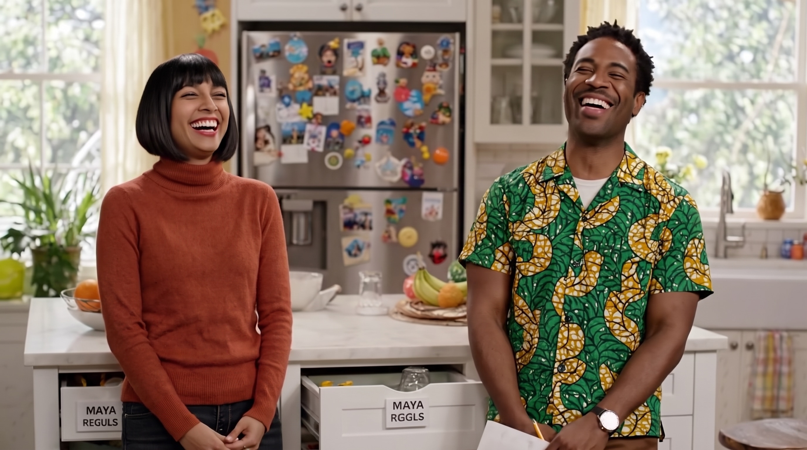Maya and Theo laughing together in a bright kitchen