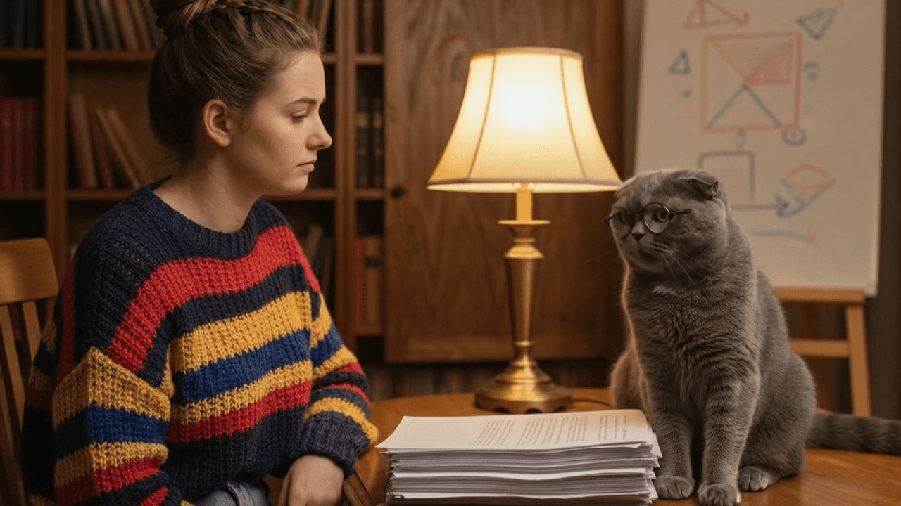 Lena studies a stack of papers with Professor Whiskers beside a diagram-covered easel
