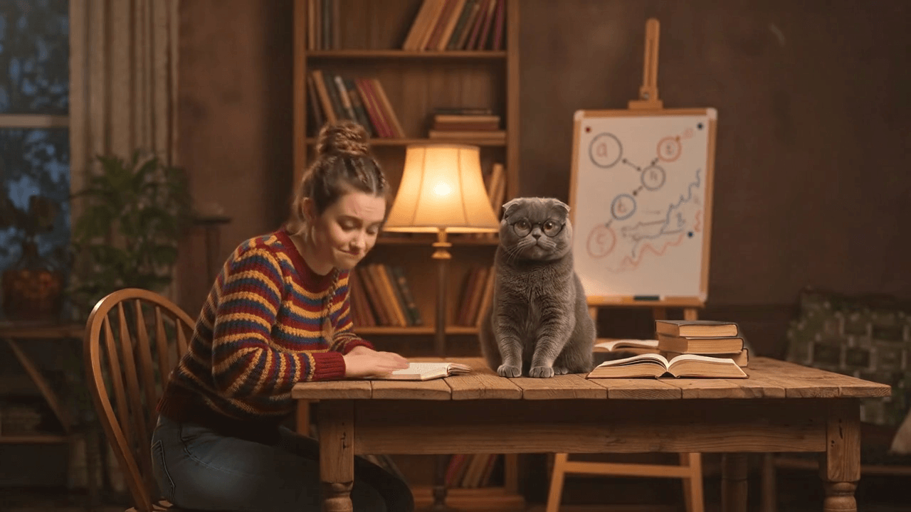 Lena and Professor Whiskers learning together beside a diagram-covered easel