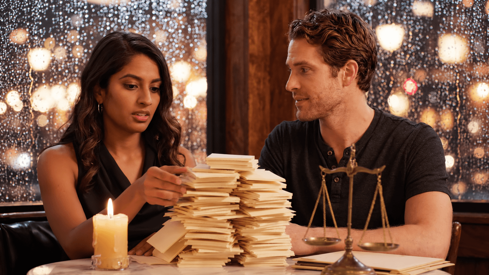 Two characters sort a stack of notes during dinner on a rainy night
